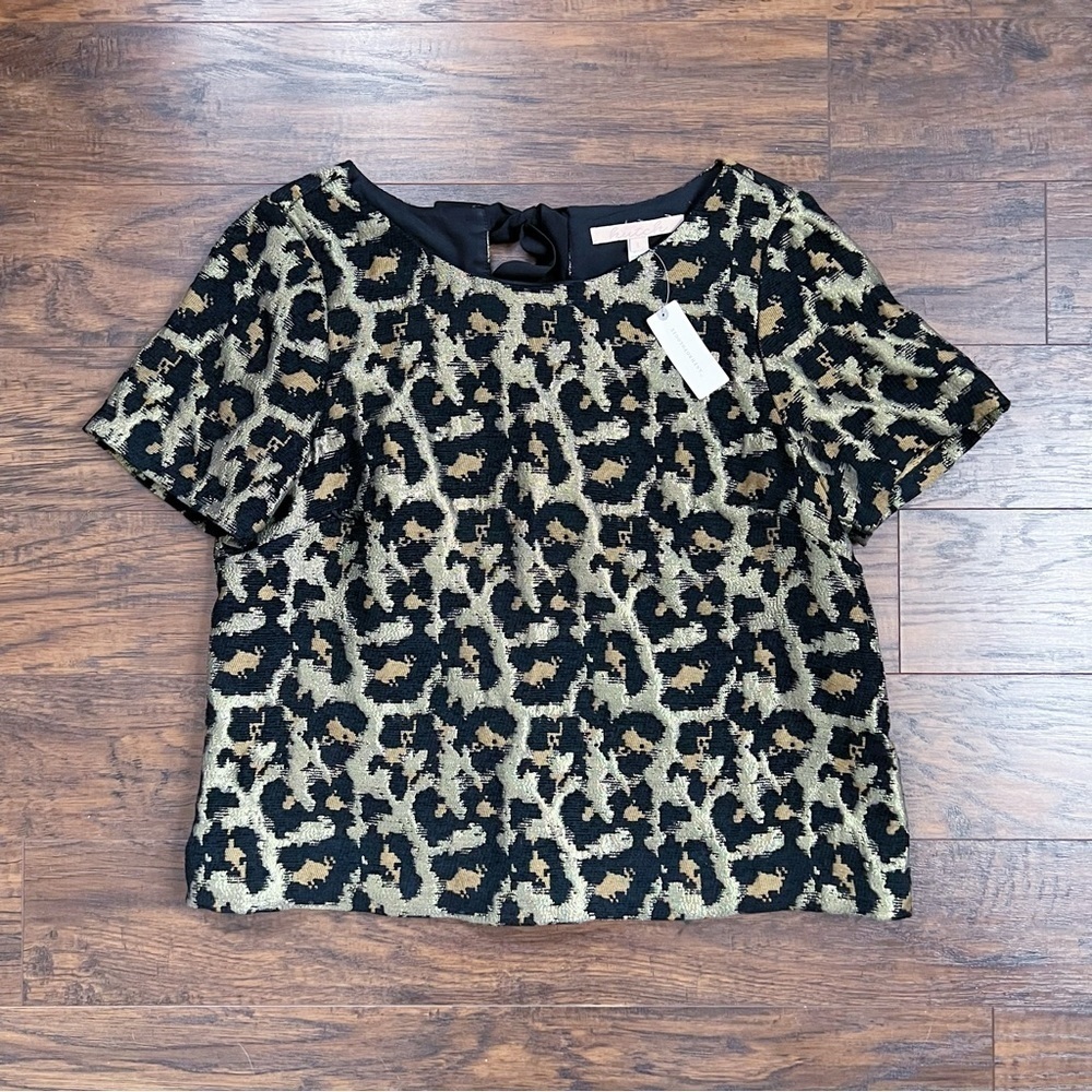 Hutch • Anthro Leopard Top metallic brocade gold black boxy bow neck - Picture 2 of 10